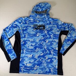 Pelagic Exo-Tech Fishing Hoodie Mens XL Blue Camo Sun Shirt Face Mask Hooded